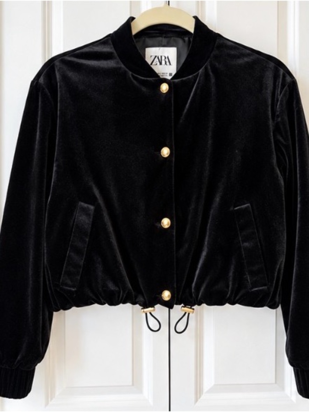 ZARA Black Velvet Gold Button Bomber Jacket Size S